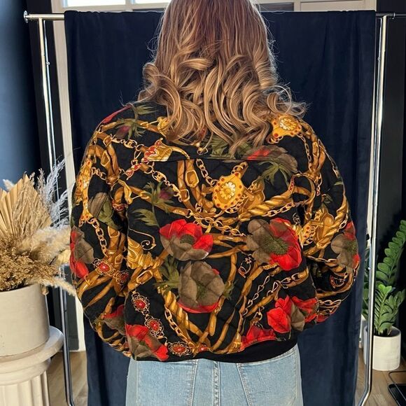 90s Era Vintage Chain Pattern Tapestry Button-Up Quilt Coat - Size Medium - Picture 6 of 7